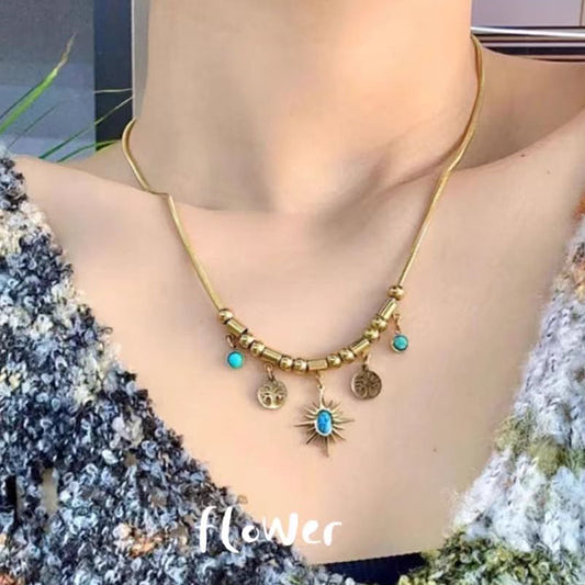 Best Seller in HOT and NEW Vintage Bohemian Style 18K Gold-Plated Bracelet Women's Niche Premium Turquoise Eight-Pointed Stars Necklace