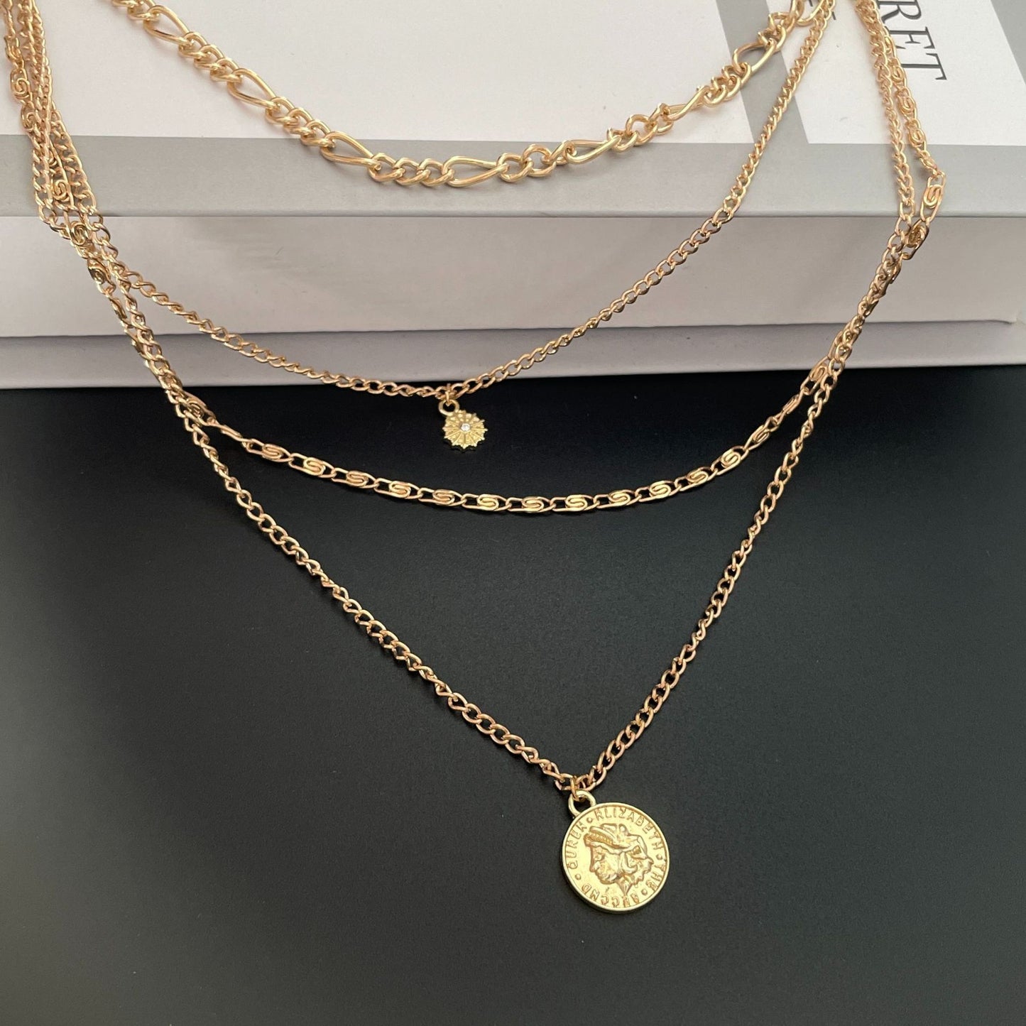 vakkv  South Korea Simple HOTan and NEWn Style Metal Portrait Coin Necklace Women's Multi-Layer Twin Light Luxury Minority Exaggerated Temperamental Clavicle Chain