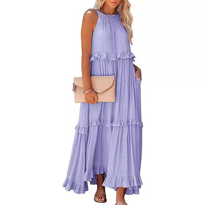 European and American 2024 Summer New Holiday Ruffled Long Dress  Wide Hem Flowy Beach Dress for Women