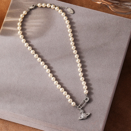 Classic Full Diamond Pearl Necklace Pin Retro Minority Clavicle Chain Affordable Luxury Fashion Saturn Necklace for Women