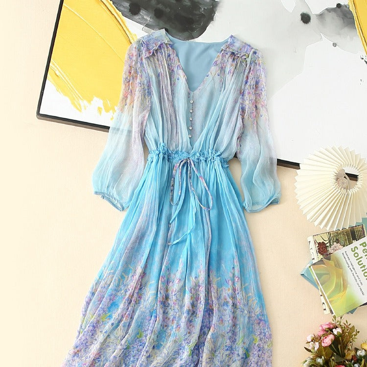 VAKKV  Mulberry Silk Dress Spring/Summer  New V-neck Slimming Gentle Floral Skirt Brand High-End Temperament Silk Dress
