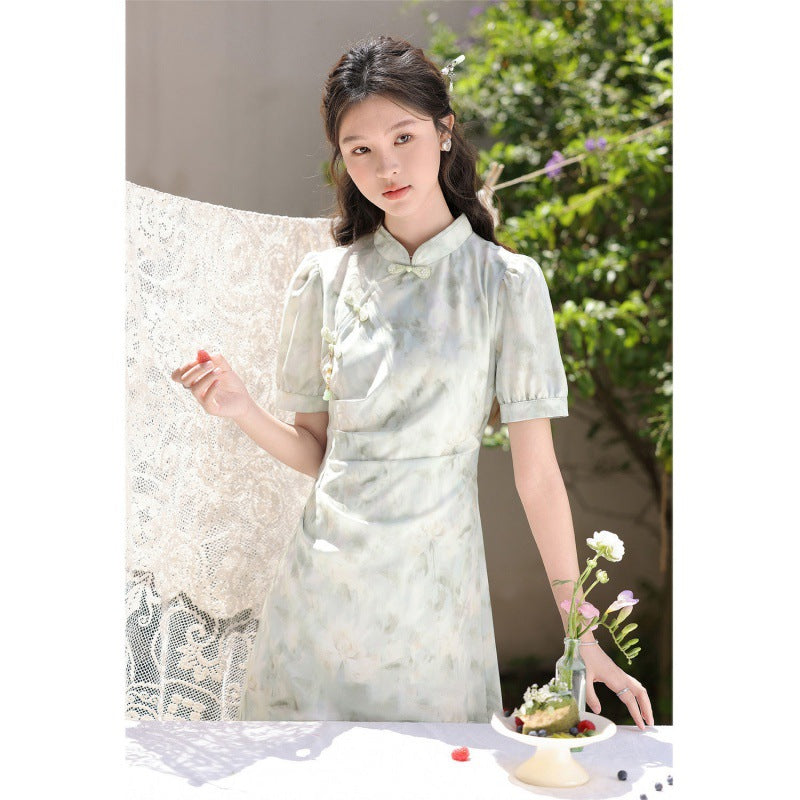 VAKKV Fresh Style Green Floating New Chinese Style Light Green Short Sleeve Dress Ancient Style Tight Waist Niche Elegant Thin Fresh Cold Style Cheongsam