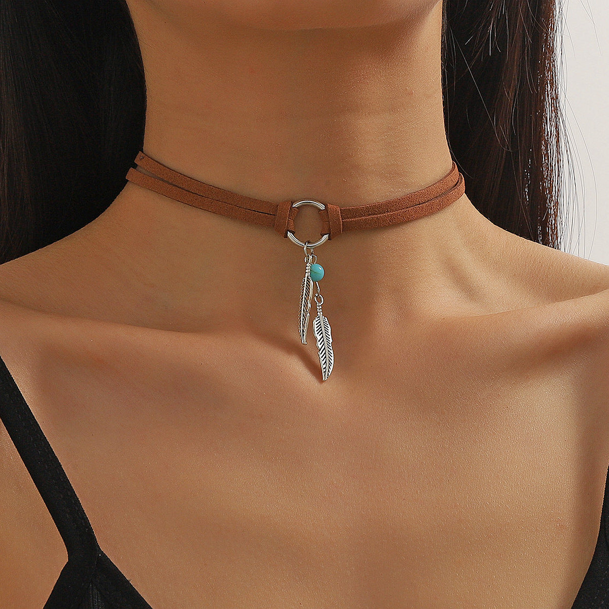 vakkv Cross-Border Hot Bohemian Ethnic Style Accessories Turquoise Pendant Vintage Leather Necklace Sweater Chain