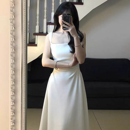 White Suspender Dress Summer Women's 2024 New A- line  Style Temperament Tight Waist Special-Interest Design Long Skirt