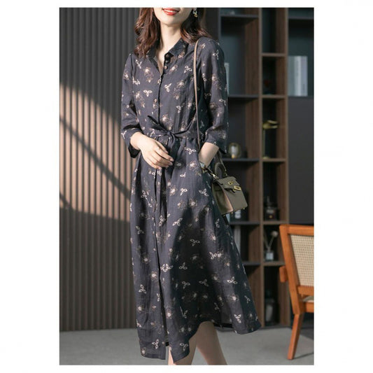 Foreign trade original single fashionable high-end floral shirt dress women's summer new artistic three quarter sleeved ramie long skirt