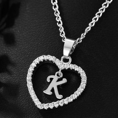 In Stock Direct Selling Exclusive for Cross-Border Letter Necklace 26 Letter Heart-Shaped Zircon Necklace Jewelry Love Heart Pendant Necklace