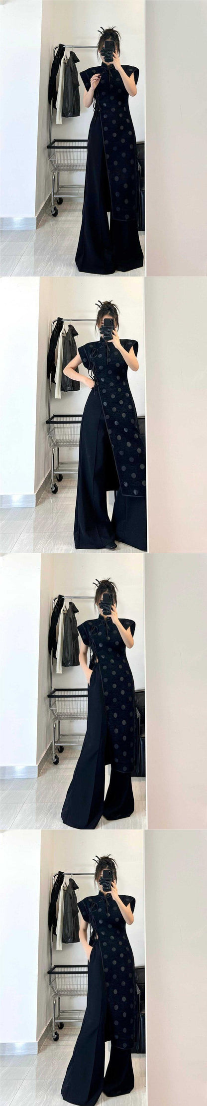 Plus Size Plump Girls Elegant Improved Cheongsam Dress Women's Summer Design Temperament Irregular Polka Dot Midi Dress Jing