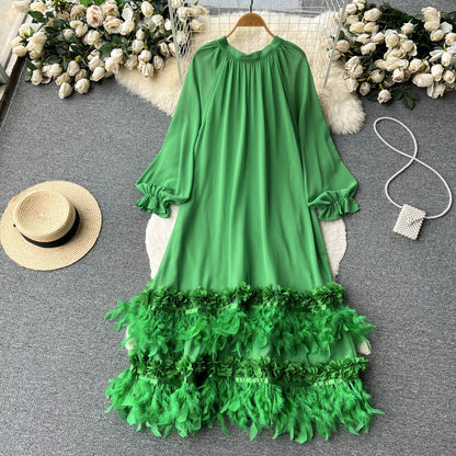 French high-quality long-sleeved dress, women's niche design, loose and thin, heavy work, feather tassels, chic long skirt