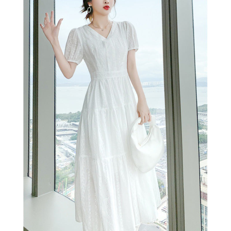 New  Style High-Grade Summer Short-Sleeved Skirt Small Long Skirt White Lace Dress Women's Spring