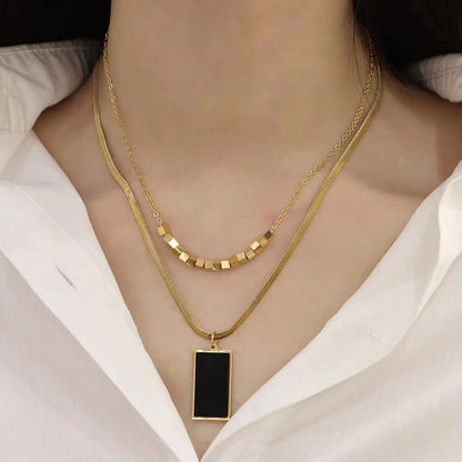 Double-Layer Stacked Square Brand Clavicle Chain  New Temperament Wild Titanium Steel No Fading Necklace Female Online Influencer Accessories