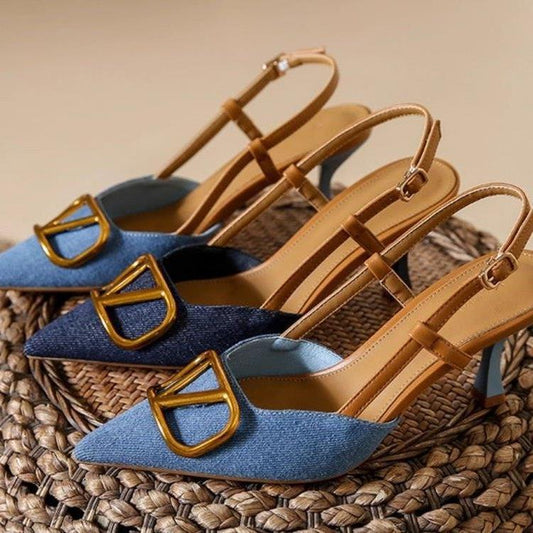 Affordable Luxury Style Toe Cap Stilettos Women's Sandals  Summer New  Socialite Shallow Mouth Pointed Denim High Heels