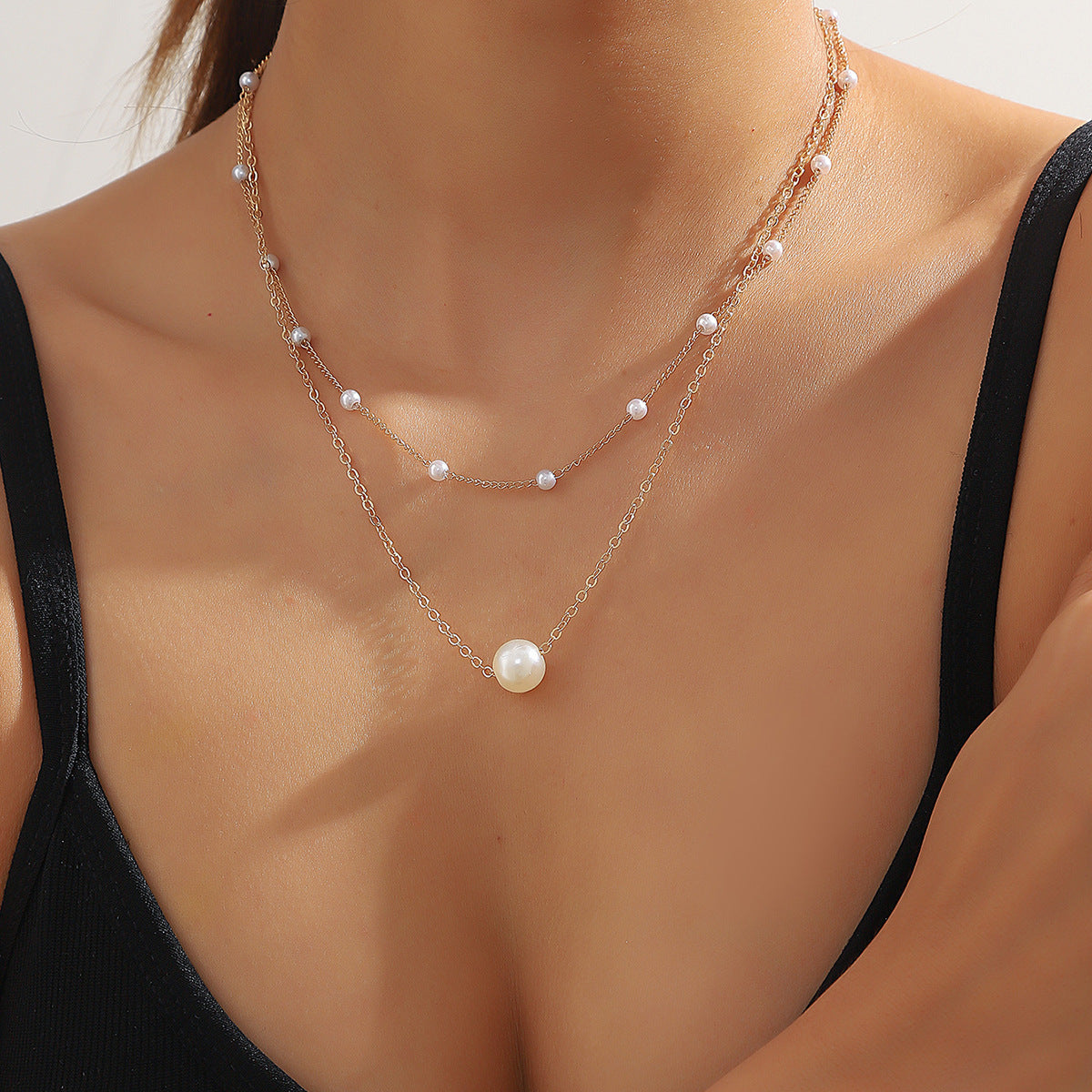 Cross Border Pearl Heart Necklace All-Match Pearl Multi-Layer Pendant Clavicle Chain Women's Retro Multi-Layer Twin Necklace