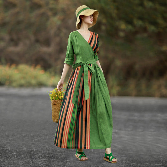 Hexuan's original literary and artistic women's linen dress, summer new retro patchwork striped style, slim and long skirt