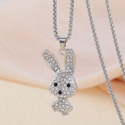 New Trendy Cool Full Diamond Rabbit Necklace Female Ins Hip Hop Cool Pendant All-Matching Long Sweater Chain Factory Wholesale