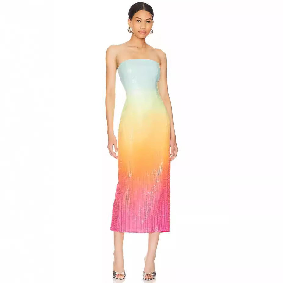 VAKKV  New Tube Top Rainbow Gradient Sequins Dating Travel Photography Graduation Season Dress Ladies' Evening Dress