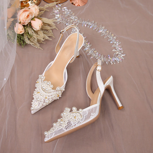 Huidong County Sandals Women  White Wedding Shoes Women Lace Shoes Fashion High Heels Pearl Women's Shoes One Piece Dropshipping