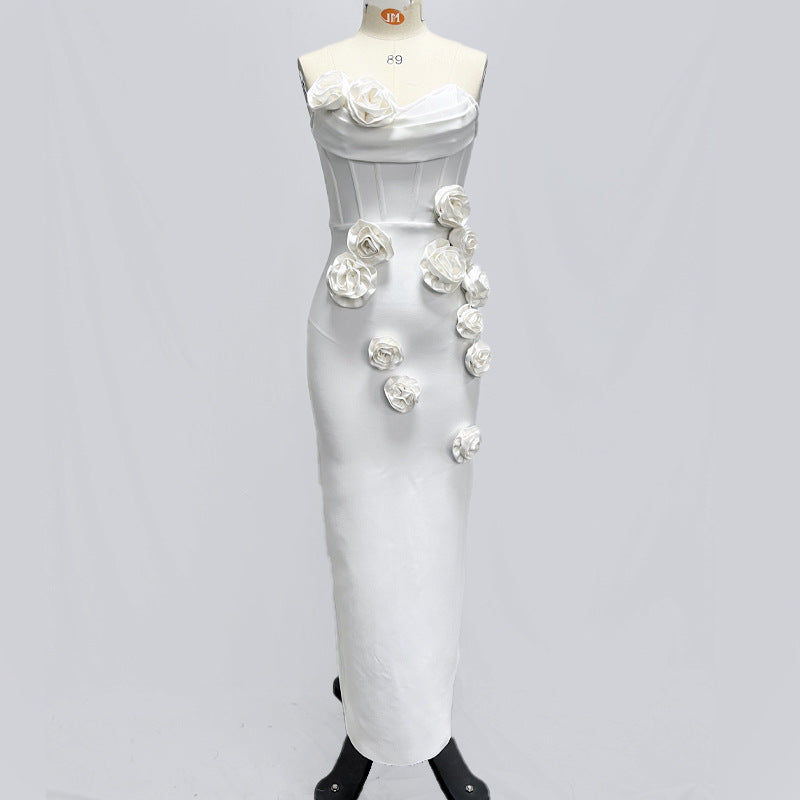 Amazon AliExpress cross-border white strapless flower sexy socialite bandage long dress dress dress