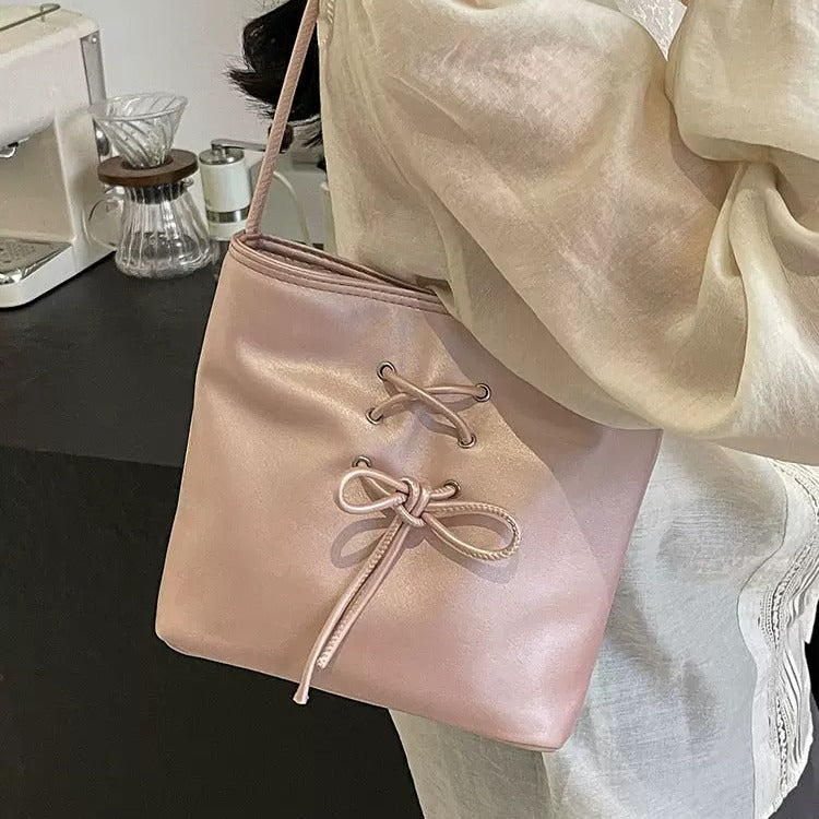 Cross-Border Niche Handbags Female  New Simple Fashion Sweet Bow Underarm Bag Single Shoulder Bucket Bag