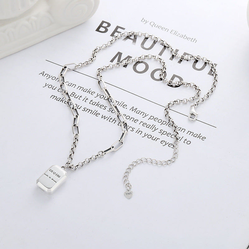 Chaosheng S925 Sterling Silver Box Letter Square Plate Necklace Ins Niche Design  Entry Lux Style Clavicle Chain Female