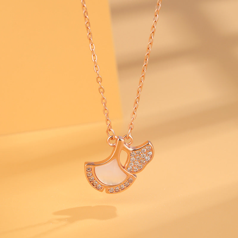 Japanese and Korean Temperament Entry Lux Clavicle Chain Three Lucky Apricot Leaf Necklace Women's Sterling Silver White Shell Pendant Temu Xi Yin Hot Sale