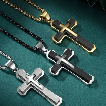 vakkv  HOTan Hip Hop Vintage Men's Cross Titanium Steel Necklace Trendy Three-Layer Stainless Steel Pendant Ornament Wholesale