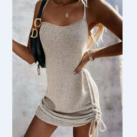 Europe and America Cross Border  2024 New Spring and Summer Sexy Strap Drawstring Mid Waist Tight Backless Dress Women