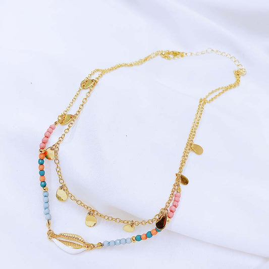 vakkv  Cross-Border HOTan and NEWn Foreign Trade Necklace Female Dripping Shell Colorful Multi-Layer Necklace Vintage Beaded Alloy Pendant Sweater Chain