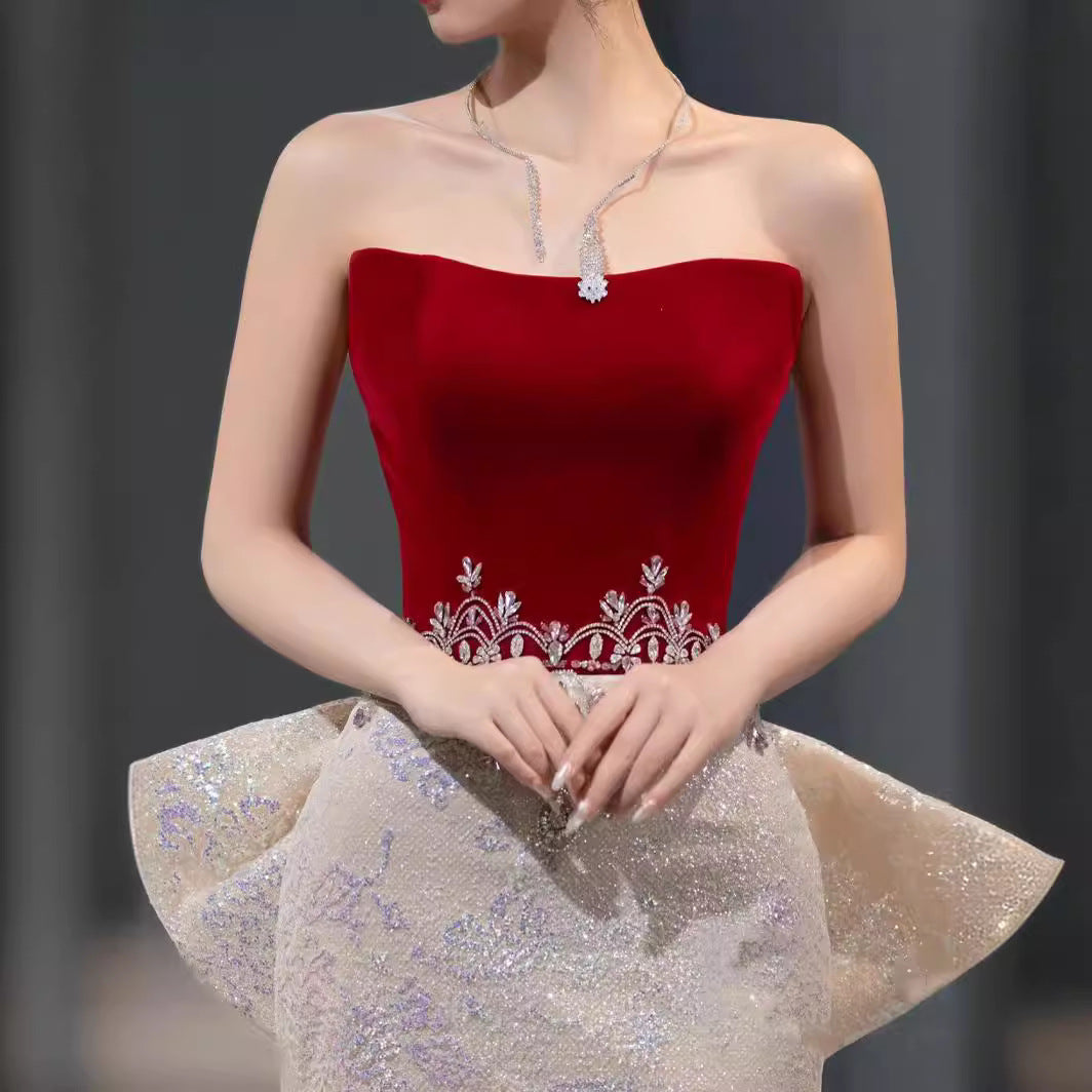 VAKKV Wine Red Host Tube Top Model Catwalk Beaded Toast Dress Starry Sky Annual Meeting Super Fairy Mermaid 18-Year-Old Adult Dress