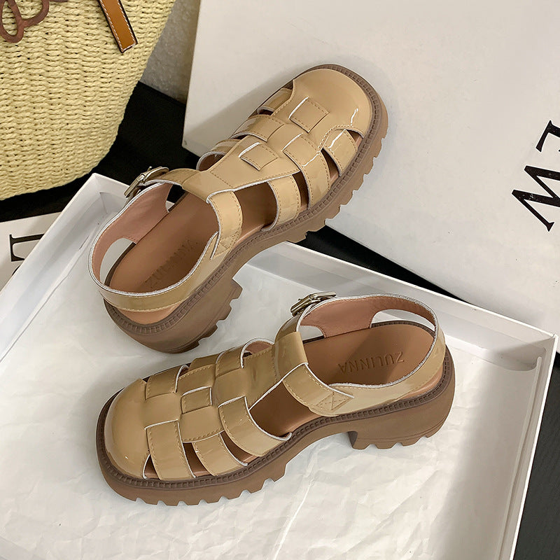 Authentic Leather Toe Box Roman Sandals  Summer New Shoes Thick High Heel Women's Shoes Retro Weaving Hollow Pitcher Plant Shoes