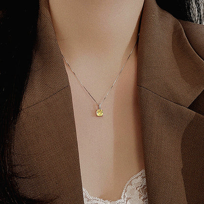 Square Sugar Necklace S925 Sterling Silver Colorful Geometric Square Diamond Super Flash Clavicle Chain Fashion Simple Female Citrine Pendant Necklace Set