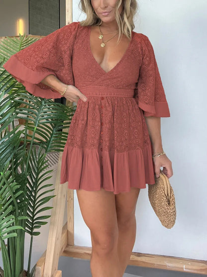 2024 Summer European and American Hot Trade   Wish New Women's Lace Stitching Batwing Sleeve Dress