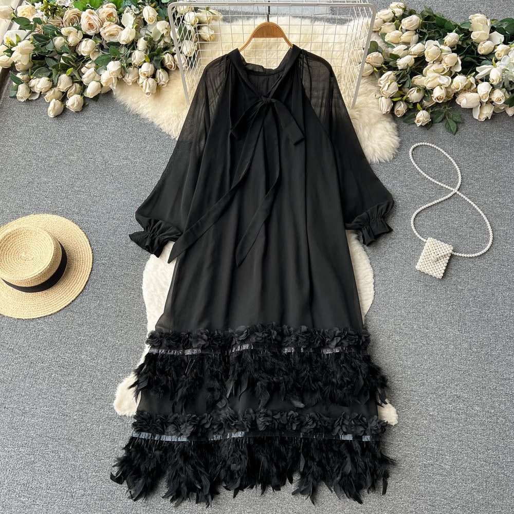 French high-quality long-sleeved dress, women's niche design, loose and thin, heavy work, feather tassels, chic long skirt