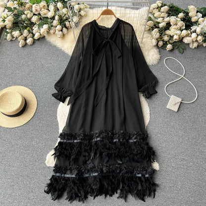 French high-quality long-sleeved dress, women's niche design, loose and thin, heavy work, feather tassels, chic long skirt