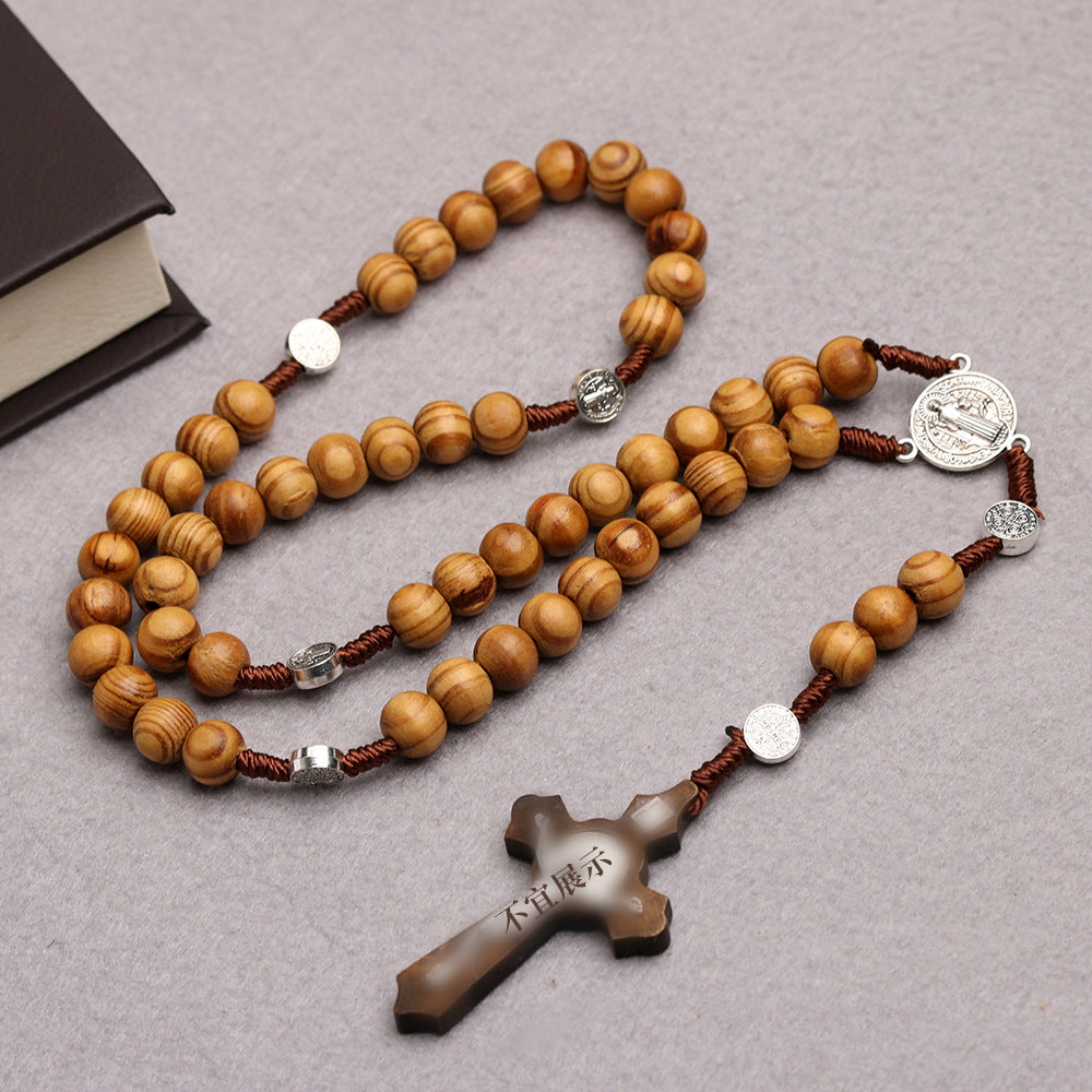 vakkv  Natural Wooden Bead Rosary Rosary Necklace Hand-Woven Wooden Cross Pendant Cross-Border  Supply