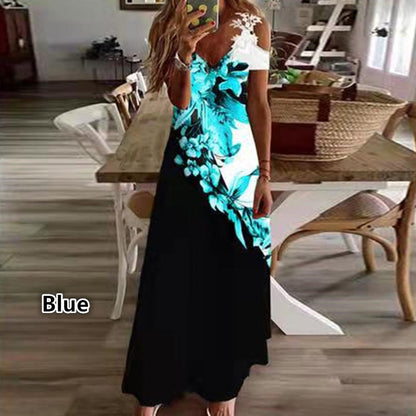 2024 Europe and America Cross Border  Women's Summer New Lace Sling V-neck Fashion Print Loose Dress