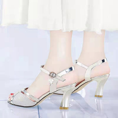 Summer New Korean Style Chunky Heel Peep Toe Sandals Fairy Style Metallic Buckle Women's High Heel Shoes