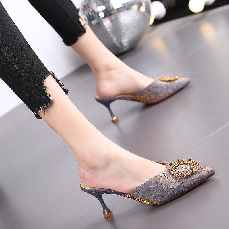 Women's Slippers Summer Outdoor Semi-Slippers Women's New  Style Temperament Rhinestone High Heel Shoes Stiletto Toe Box Sandals