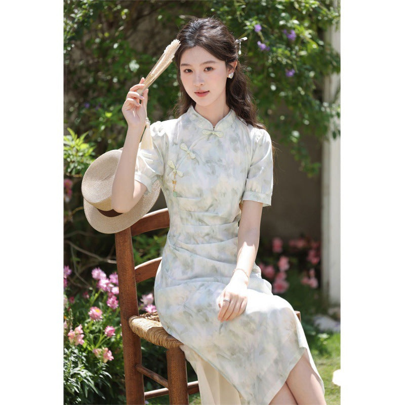 VAKKV Fresh Style Green Floating New Chinese Style Light Green Short Sleeve Dress Ancient Style Tight Waist Niche Elegant Thin Fresh Cold Style Cheongsam