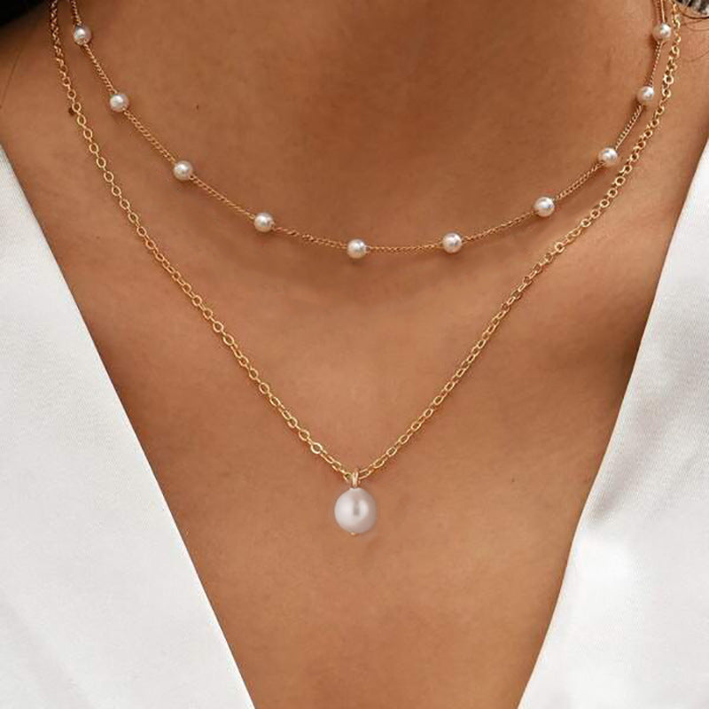 Cross Border Pearl Heart Necklace All-Match Pearl Multi-Layer Pendant Clavicle Chain Women's Retro Multi-Layer Twin Necklace