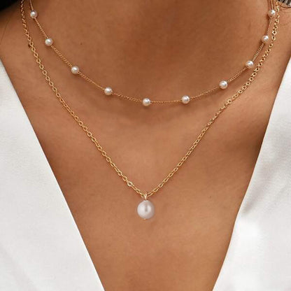 Cross Border Pearl Heart Necklace All-Match Pearl Multi-Layer Pendant Clavicle Chain Women's Retro Multi-Layer Twin Necklace