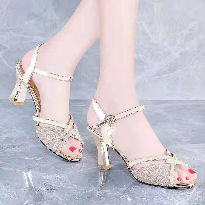 Summer New Korean Style Chunky Heel Peep Toe Sandals Fairy Style Metallic Buckle Women's High Heel Shoes