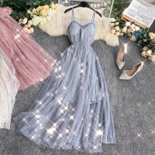 VAKKV Cute A line Sleeveless Sequin Tulle Dress Beach Summer Holiday Dress P255