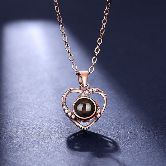 925 Silver Love Projection Necklace Female Heart-Shaped 100 Languages I Love You Clavicle Chain Factory Wholesale One Piece Dropshipping