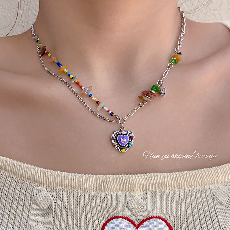 Sweetheart Candy Color Crystal Zircon Necklace Light Luxury High-Grade Love Rainbow Clavicle Chain Female Ins Niche Fashion