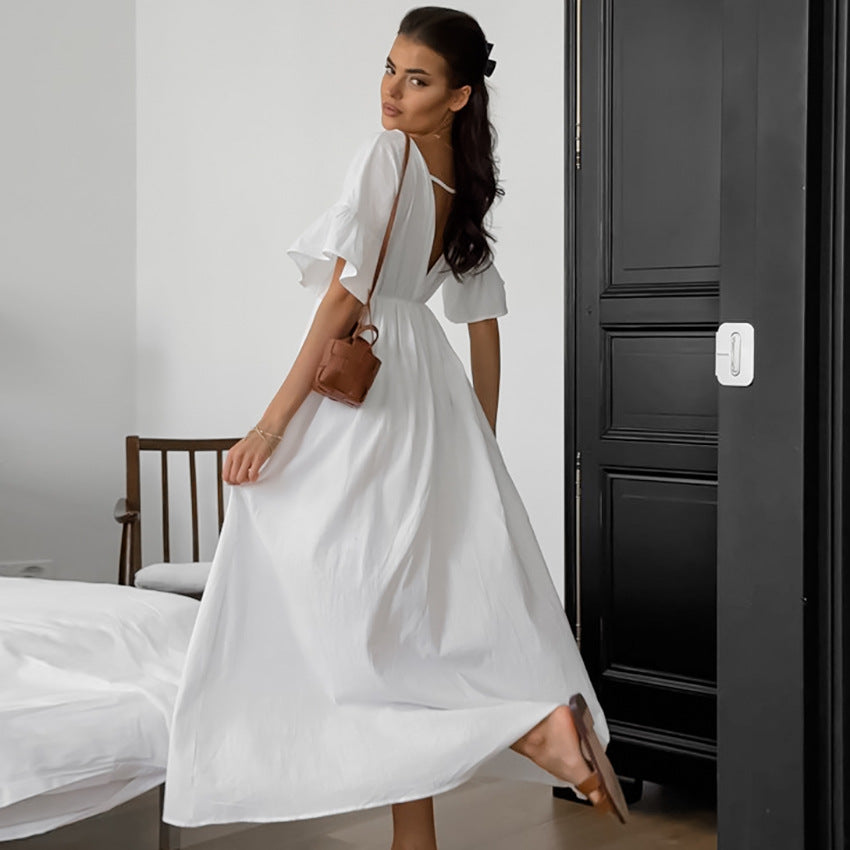 VAKKV 2025 new cotton and linen horn sleeves are comfortable and skin-friendly nightgowns for women's leisure and simple can be worn outside loungewear wholesale