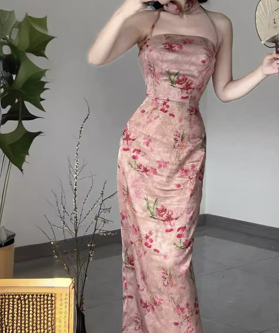 VAKKV  8478# Homemade Pink Sequence Flat Collar Split Neck Sling National Style Improved Cheongsam Dress Sling