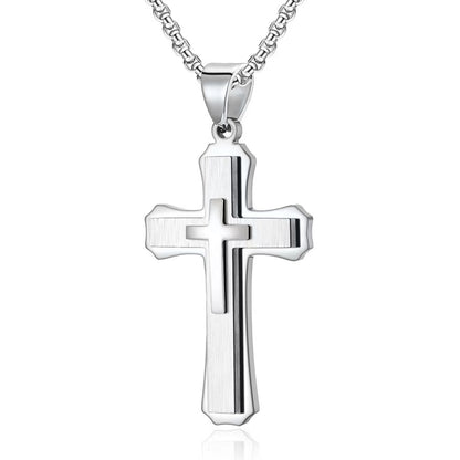 vakkv  HOTan Hip Hop Vintage Men's Cross Titanium Steel Necklace Trendy Three-Layer Stainless Steel Pendant Ornament Wholesale