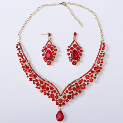 D416 Exquisite Colorful Crystal Glass Drop-Shaped Necklace Earrings Wedding Decoration Two-Piece Set Bridal Jewelry