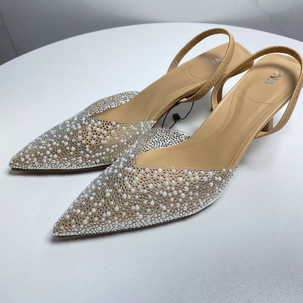 Za Spring Style Pointed Stiletto Heel High Heels PVC Material Sweet Style Decorated Pearls Back Strap Toe Box Women's Shoes