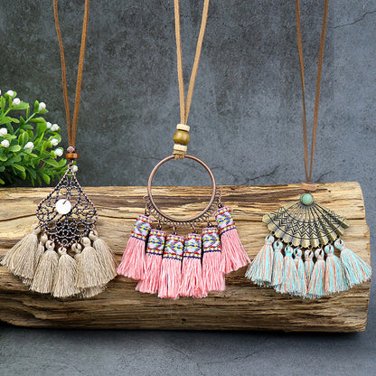 Cross-Border Hot Sale Long HOTan and NEWn Style Necklace Bohemian Style Tassel Flowers Pendant Ethnic Style Retro Necklace Wholesale